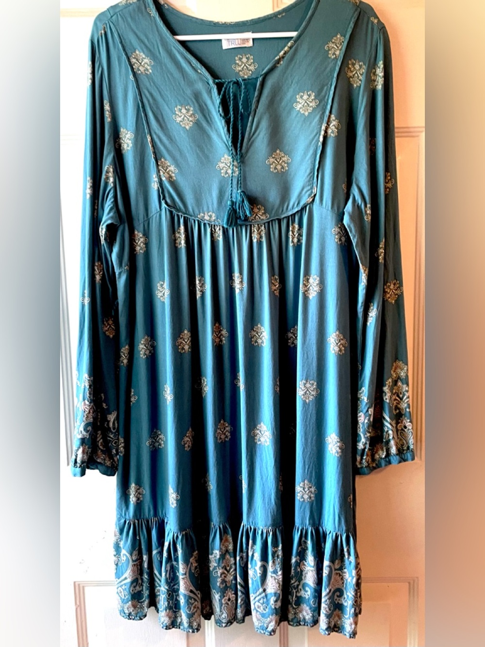 Time and Tru Teal Blue Olive Peach Boho Print Tassel Tie Ruffle Hem Dress XXL 20